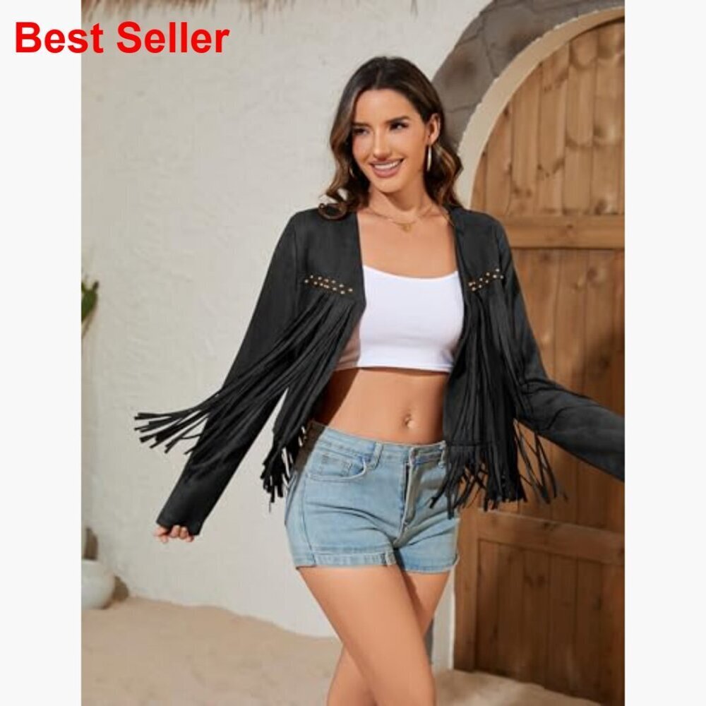 Faux Leather Jacket Oversized Cropped Fringe Western Cowgirl Motorcycle Coat - Picture 3 of 7
